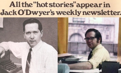 Jack O'Dwyer as a young reporter in the late 60s and (left) seated at his desk in the mid-70s at 271 Madison Ave. in NYC where O'Dwyer's is still headquartered.