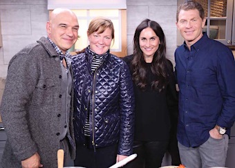 Erin Lahey Schwitter and Kara Leibowitz from Artisan Production House on set with Michael Symon and BobbyFlay.