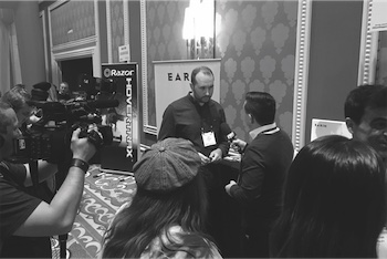 360PR+ client Earin’s CEO Kiril Trajkovski demos to press the company’s latest innovation, the M-2 wireless Bluetooth earbuds, at CES Las Vegas.