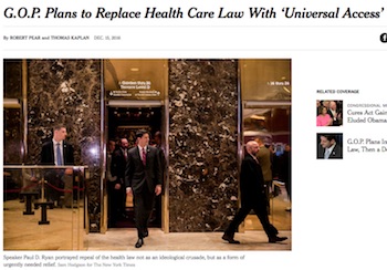 New York Times article on GOP plans to replace health care law with universal access