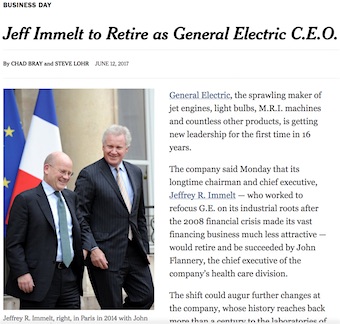 NY Times article on Jeffrey Immelt retiring as General Electric CEO