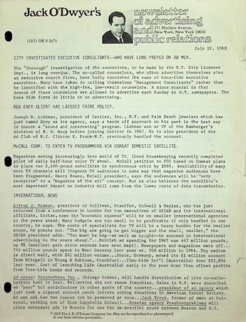 First issue of Jack O'Dwyer's Newsletter July 10, 1968